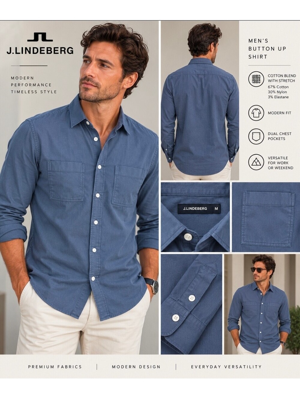 J.Lindeberg Men’s M Blue Stretch Button Up Shirt Long Sleeve Dual Pocket